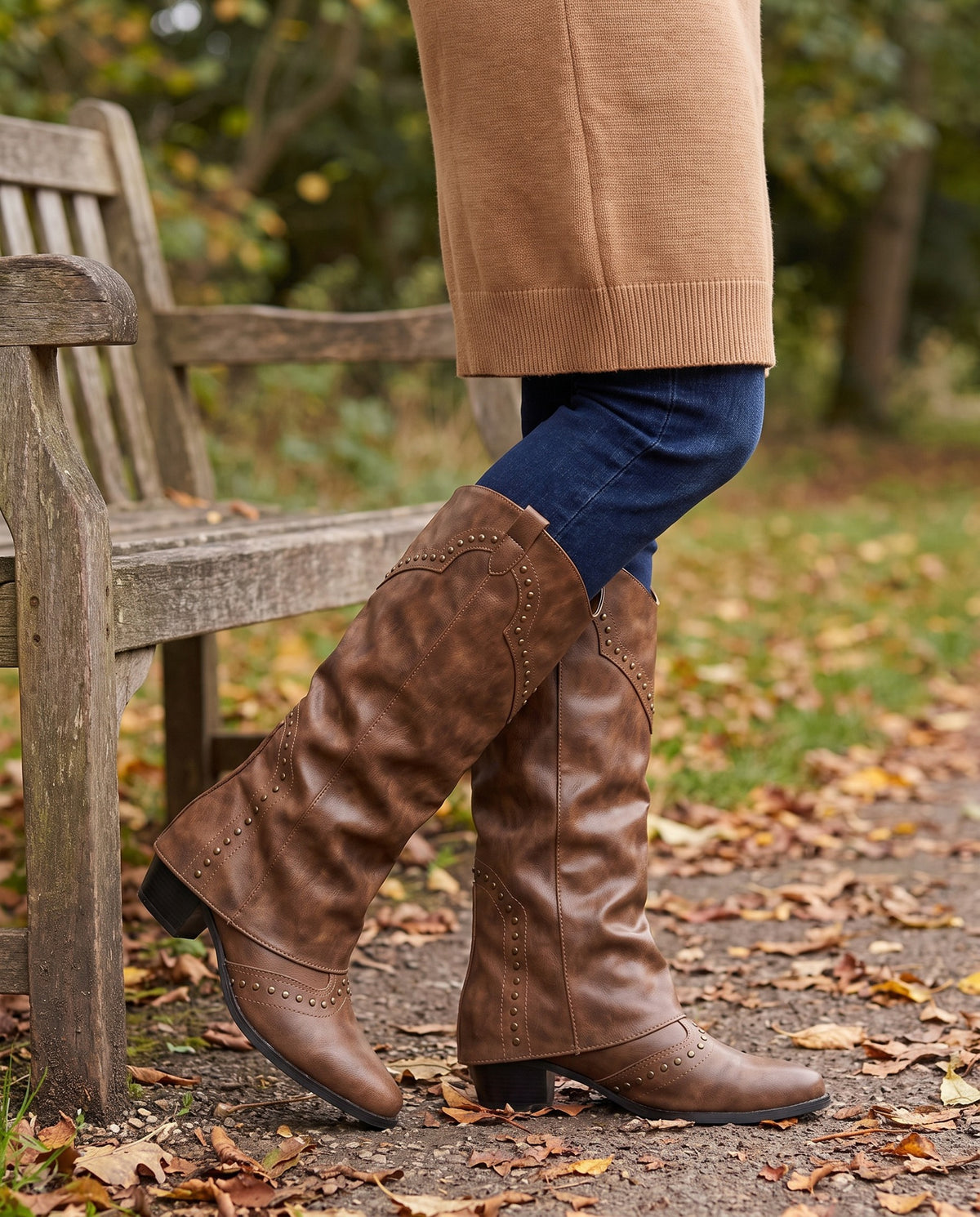 ada-rivet-western-knee-high-boots-women-s-brown-leather-look-fold-over-cowboy-boots 6