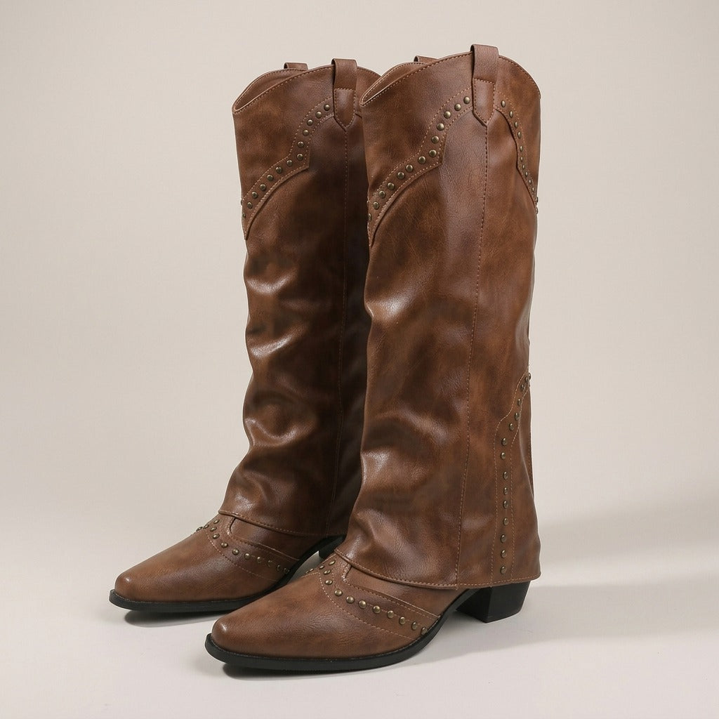 ada-rivet-western-knee-high-boots-women-s-brown-leather-look-fold-over-cowboy-boots 1