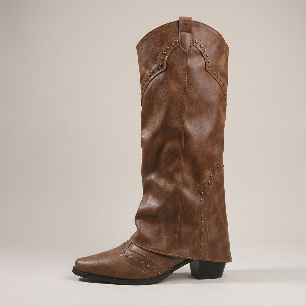 ada-rivet-western-knee-high-boots-women-s-brown-leather-look-fold-over-cowboy-boots 2