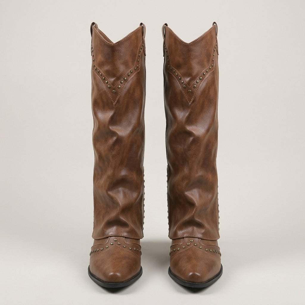 ada-rivet-western-knee-high-boots-women-s-brown-leather-look-fold-over-cowboy-boots 3