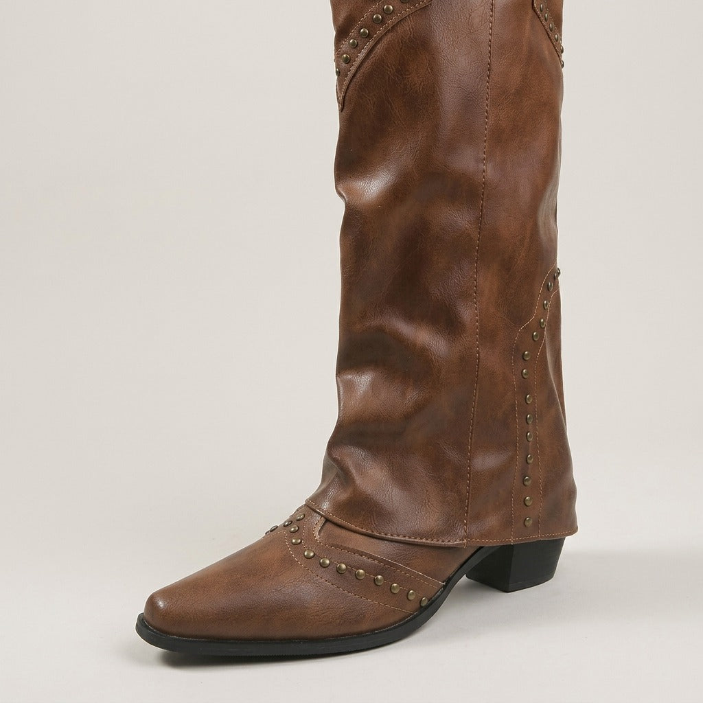 ada-rivet-western-knee-high-boots-women-s-brown-leather-look-fold-over-cowboy-boots 4