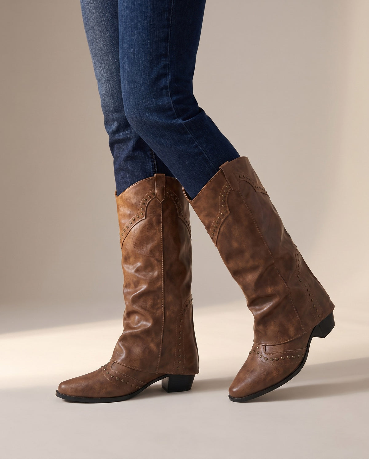 ada-rivet-western-knee-high-boots-women-s-brown-leather-look-fold-over-cowboy-boots 5