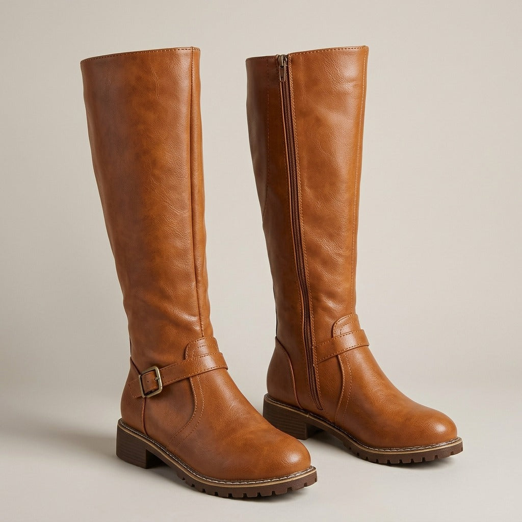adrienne-buckle-strap-knee-high-riding-boots-women-s-cognac-faux-leather-side-zip-low-heel-boots 1