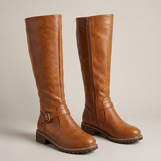 adrienne-buckle-strap-knee-high-riding-boots-women-s-cognac-faux-leather-side-zip-low-heel-boots 1