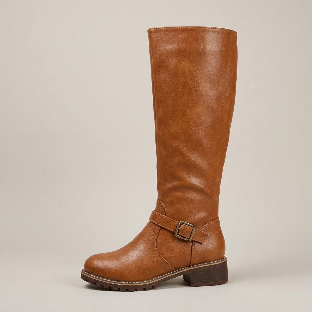 adrienne-buckle-strap-knee-high-riding-boots-women-s-cognac-faux-leather-side-zip-low-heel-boots 2