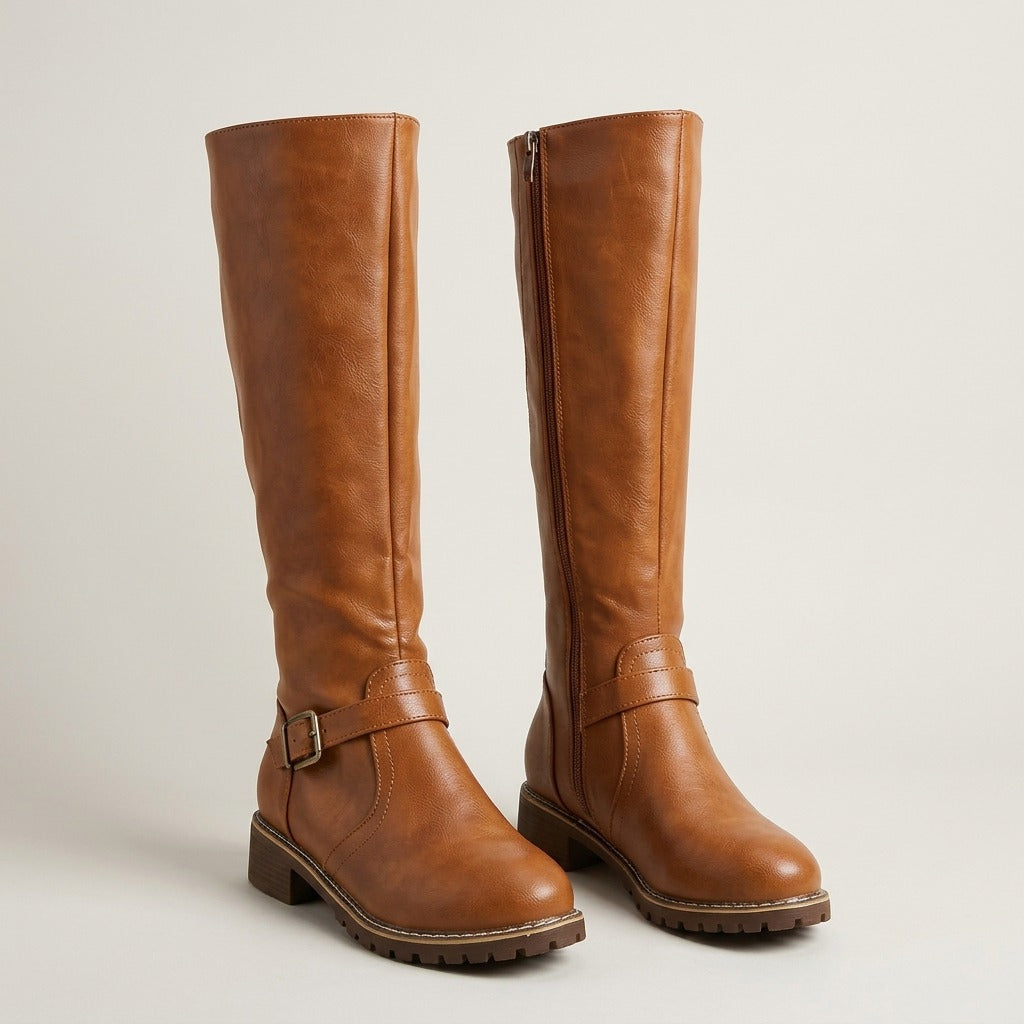 adrienne-buckle-strap-knee-high-riding-boots-women-s-cognac-faux-leather-side-zip-low-heel-boots 3