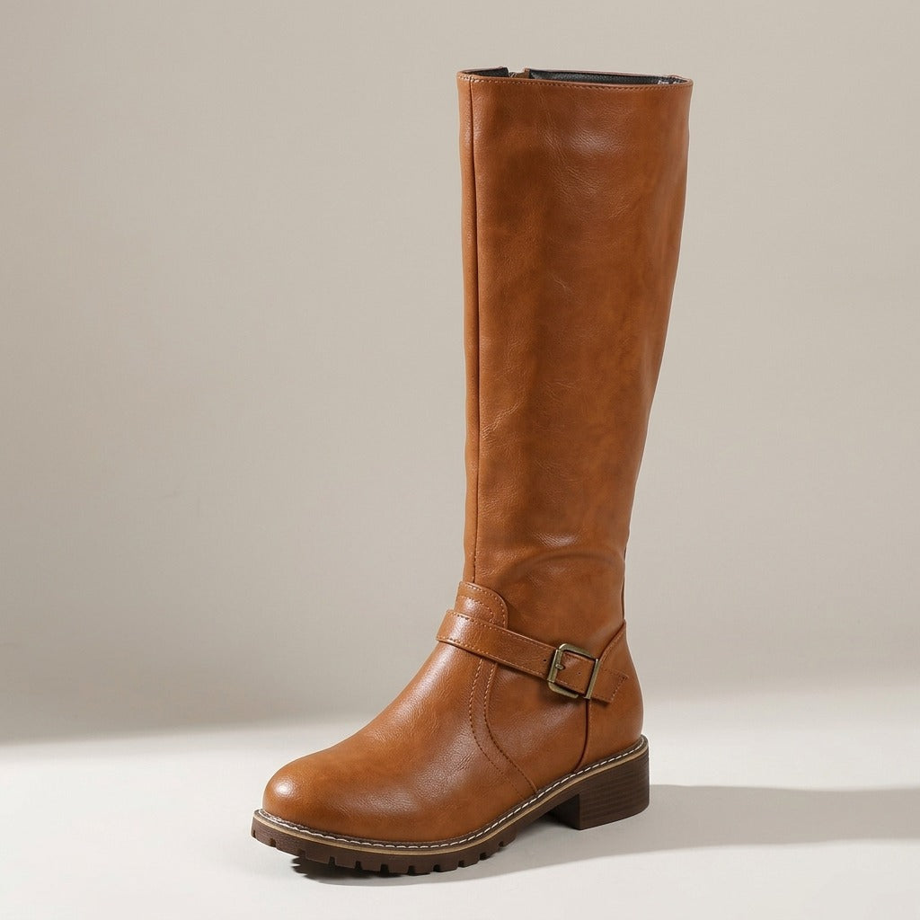 adrienne-buckle-strap-knee-high-riding-boots-women-s-cognac-faux-leather-side-zip-low-heel-boots 4