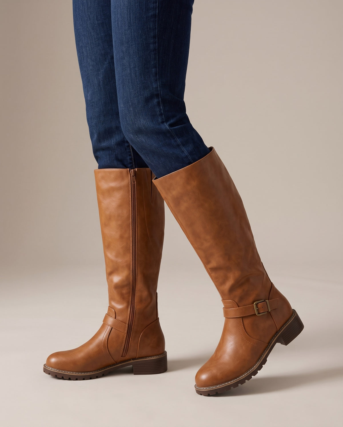 adrienne-buckle-strap-knee-high-riding-boots-women-s-cognac-faux-leather-side-zip-low-heel-boots 5