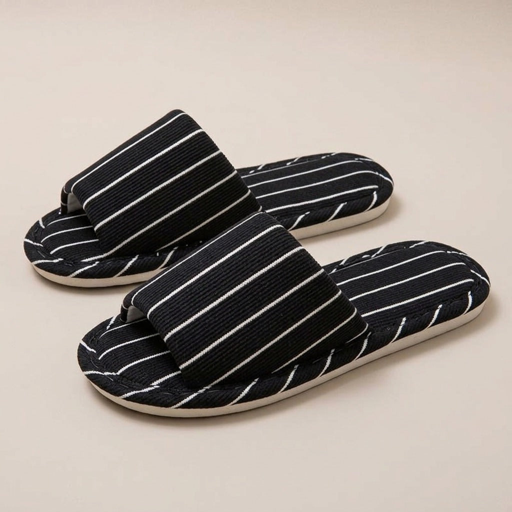 amelia-striped-linen-look-slide-slippers-women-s-black-and-white-open-toe-house-slippers 1