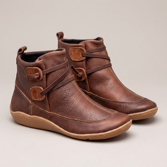 arden-button-tab-strap-ankle-boots-women-s-brown-leather-look-flat-booties 1
