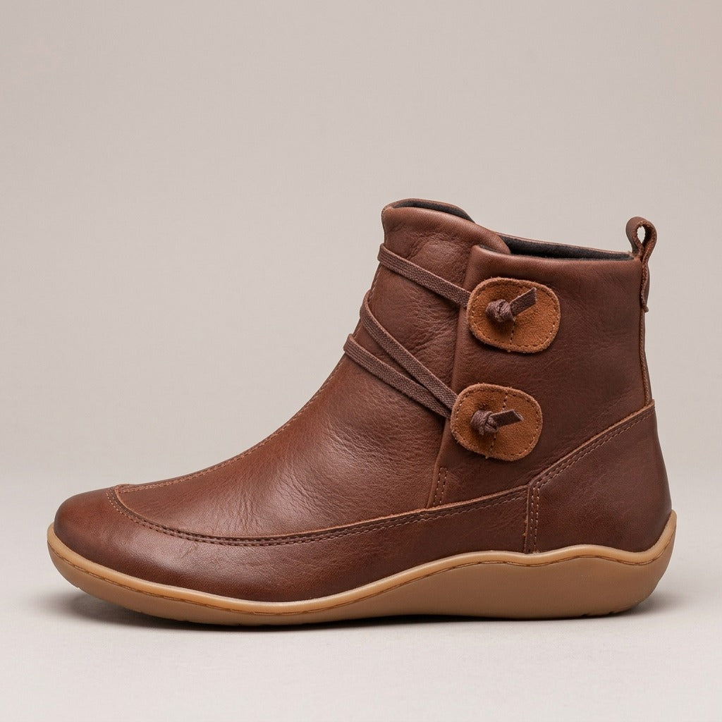 arden-button-tab-strap-ankle-boots-women-s-brown-leather-look-flat-booties 2