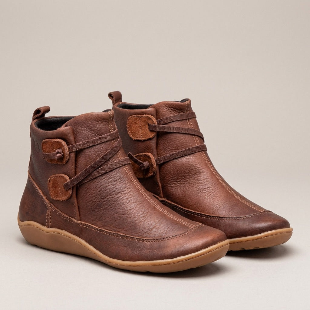 arden-button-tab-strap-ankle-boots-women-s-brown-leather-look-flat-booties 3