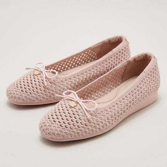 Bea pink openwork knit ballet flats with a small bow, pair