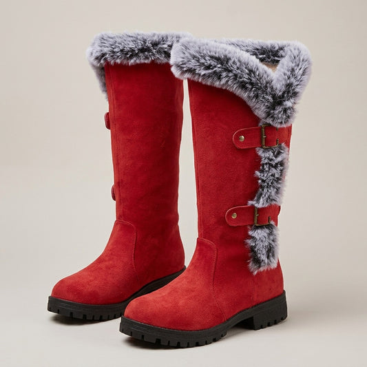 Beatrix red suede-look tall boots with grey plush cuff, buckle straps and plush tufts, pair
