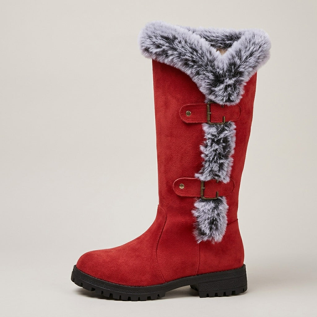 Beatrix red tall boot, side view of the buckle straps