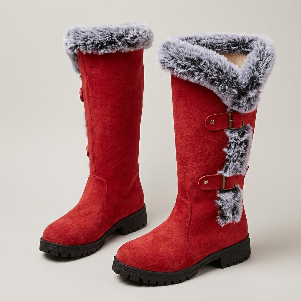Beatrix red tall boots, pair, front view