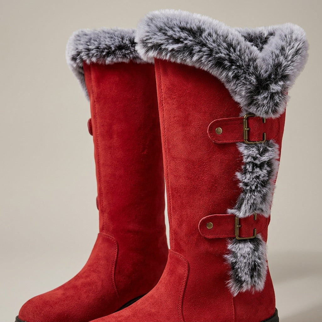 Close-up of the buckle straps and grey plush trim on the Beatrix boot