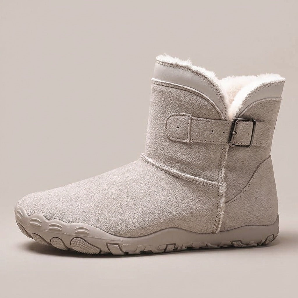 bess-fleece-lined-buckle-strap-ankle-boots-women-s-light-grey-suede-look-flat-winter-boots 2