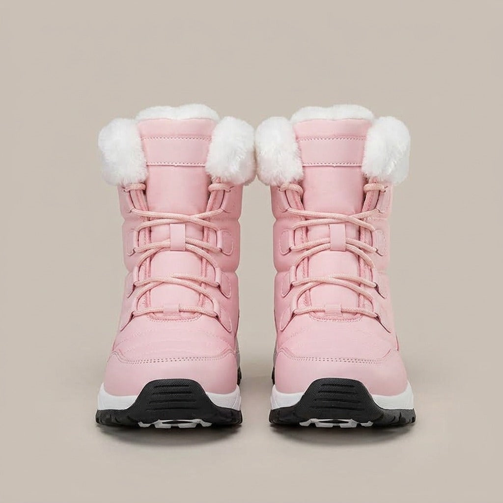 Birdie pink snow boots, pair, front view of the laces