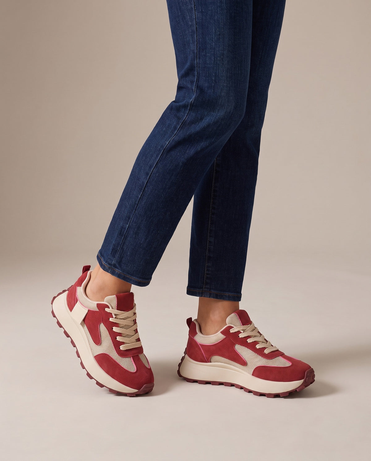 bria-retro-mesh-panel-platform-sneakers-women-s-red-and-cream-suede-look-lace-up-trainers 5