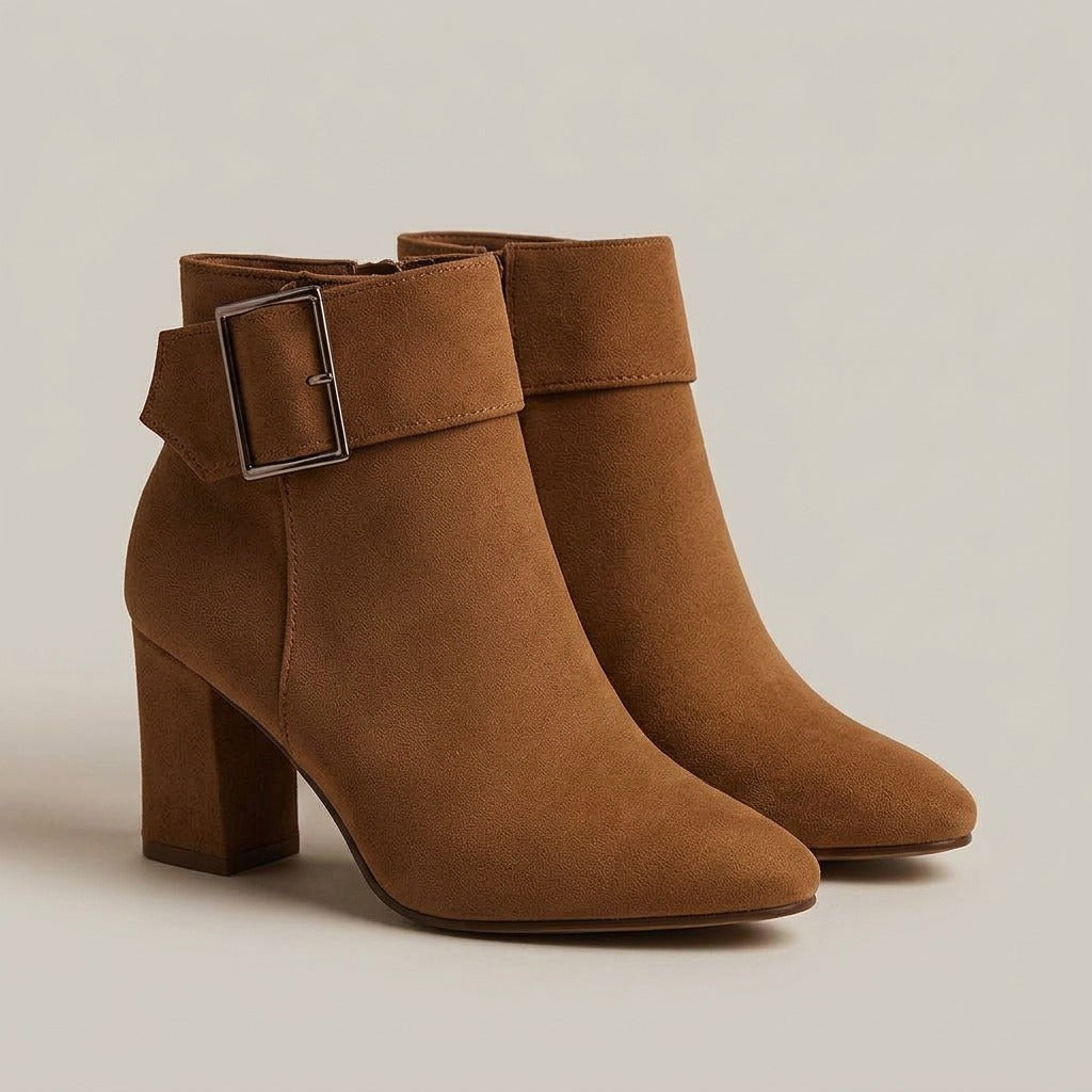 Briar brown suede-look pointed ankle boots with block heel and buckled fold-over cuff, pair