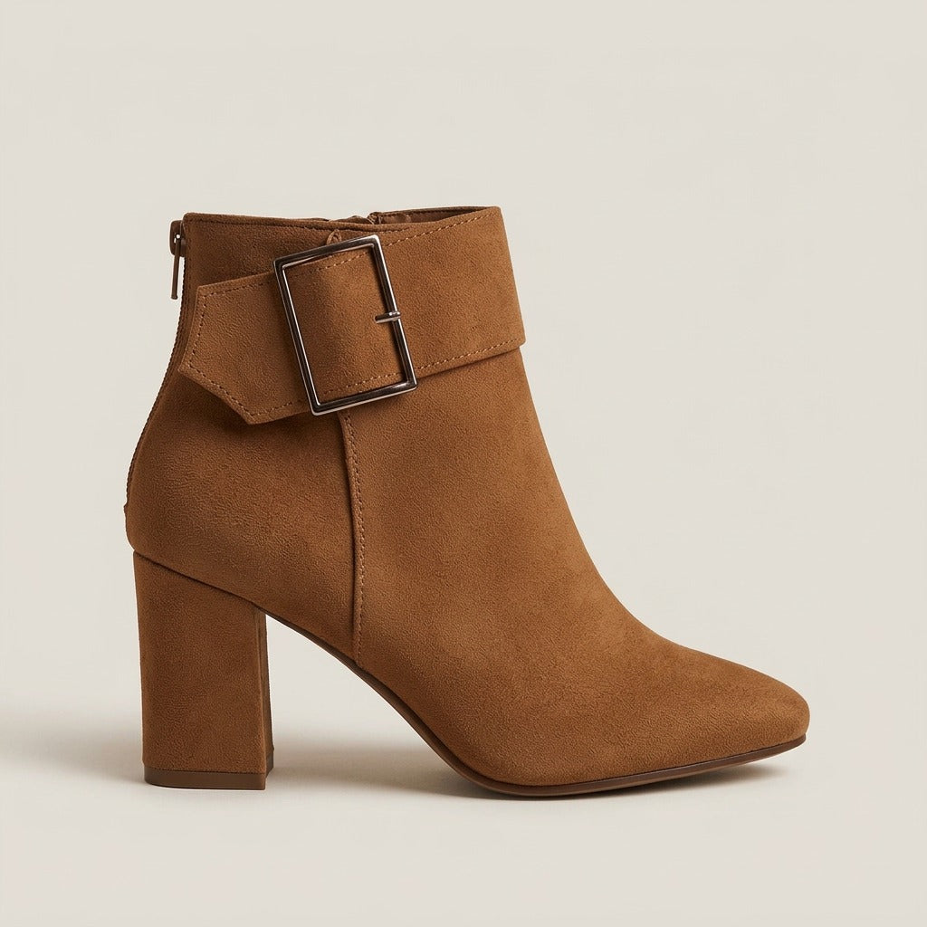 Briar brown ankle boot, side view of the block heel