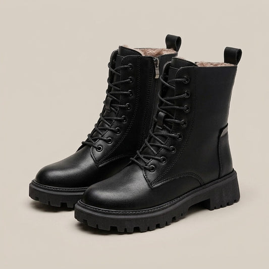 bridget-fur-lined-lace-up-combat-ankle-boots-women-s-black-leather-look-side-zip-lug-sole-winter-boots 1