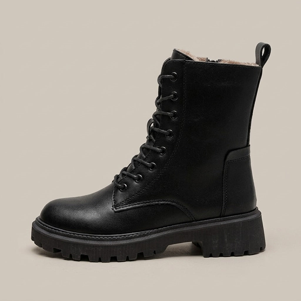 bridget-fur-lined-lace-up-combat-ankle-boots-women-s-black-leather-look-side-zip-lug-sole-winter-boots 2