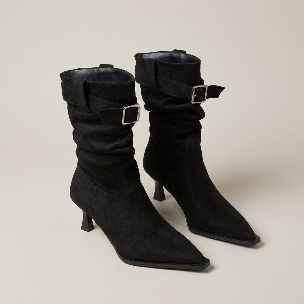carla-slouchy-pointed-toe-buckle-boots-women-s-black-suede-look-kitten-heel-slouch-boots 1