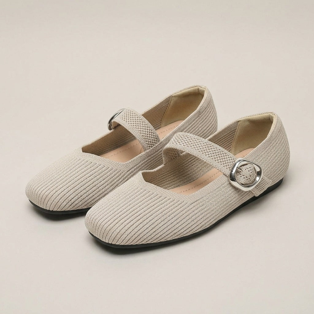 Celia beige ribbed knit Mary Jane flats with a round silver buckle, pair