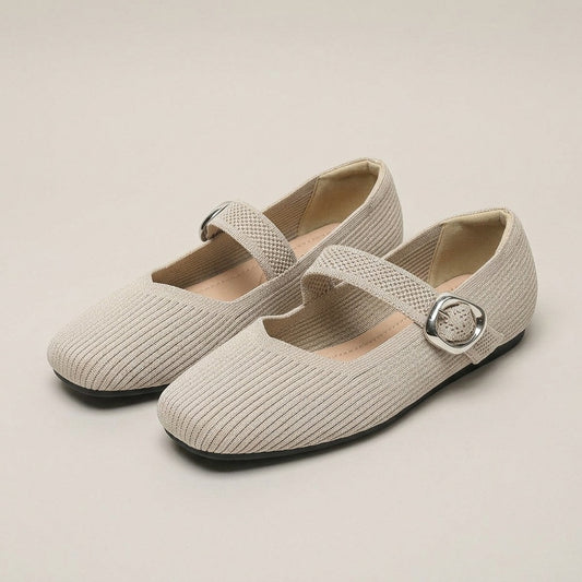 Celia beige ribbed knit Mary Jane flats with a round silver buckle, pair