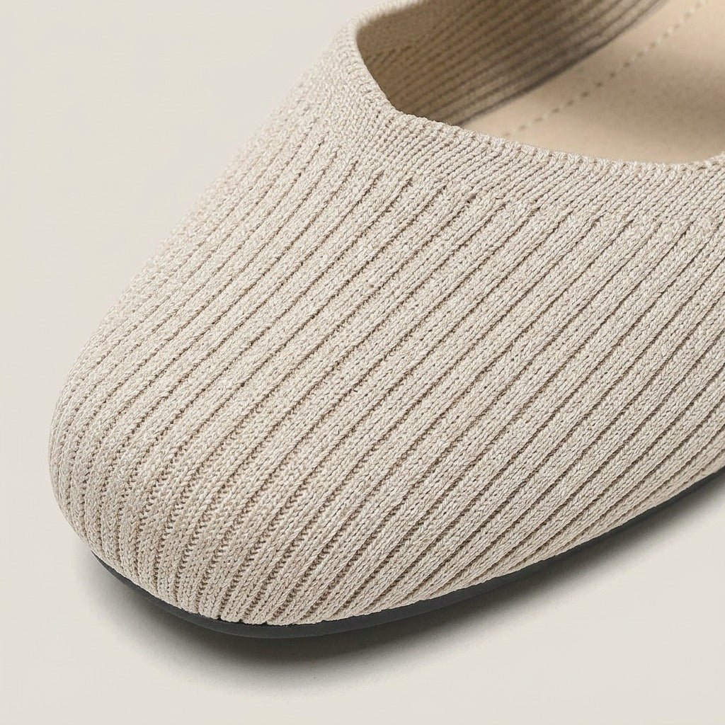 Close-up of the ribbed knit toe on the Celia flat