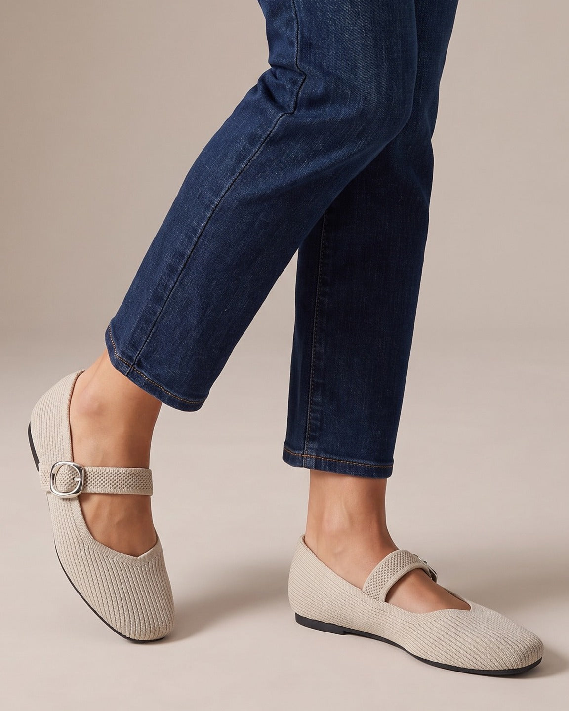 Celia knit Mary Jane flats worn with jeans, studio shot of legs