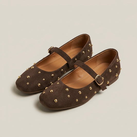 Clara brown suede-look Mary Jane ballet flats with gold studs and a buckle strap, pair
