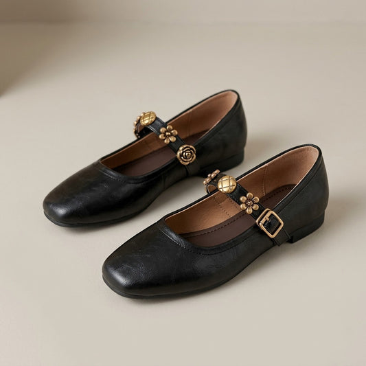 clemence-flower-strap-mary-jane-flats-women-s-black-leather-look-square-toe-ballet-flats 1