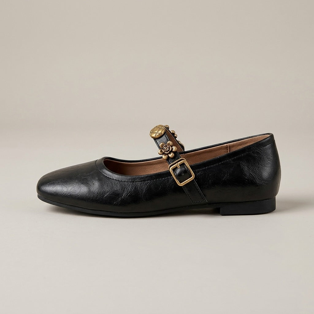 clemence-flower-strap-mary-jane-flats-women-s-black-leather-look-square-toe-ballet-flats 2