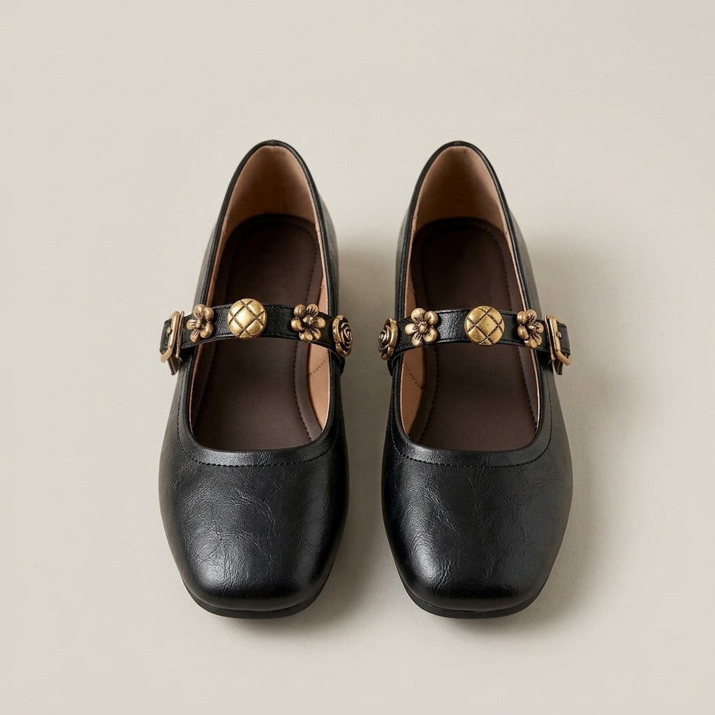 clemence-flower-strap-mary-jane-flats-women-s-black-leather-look-square-toe-ballet-flats 3