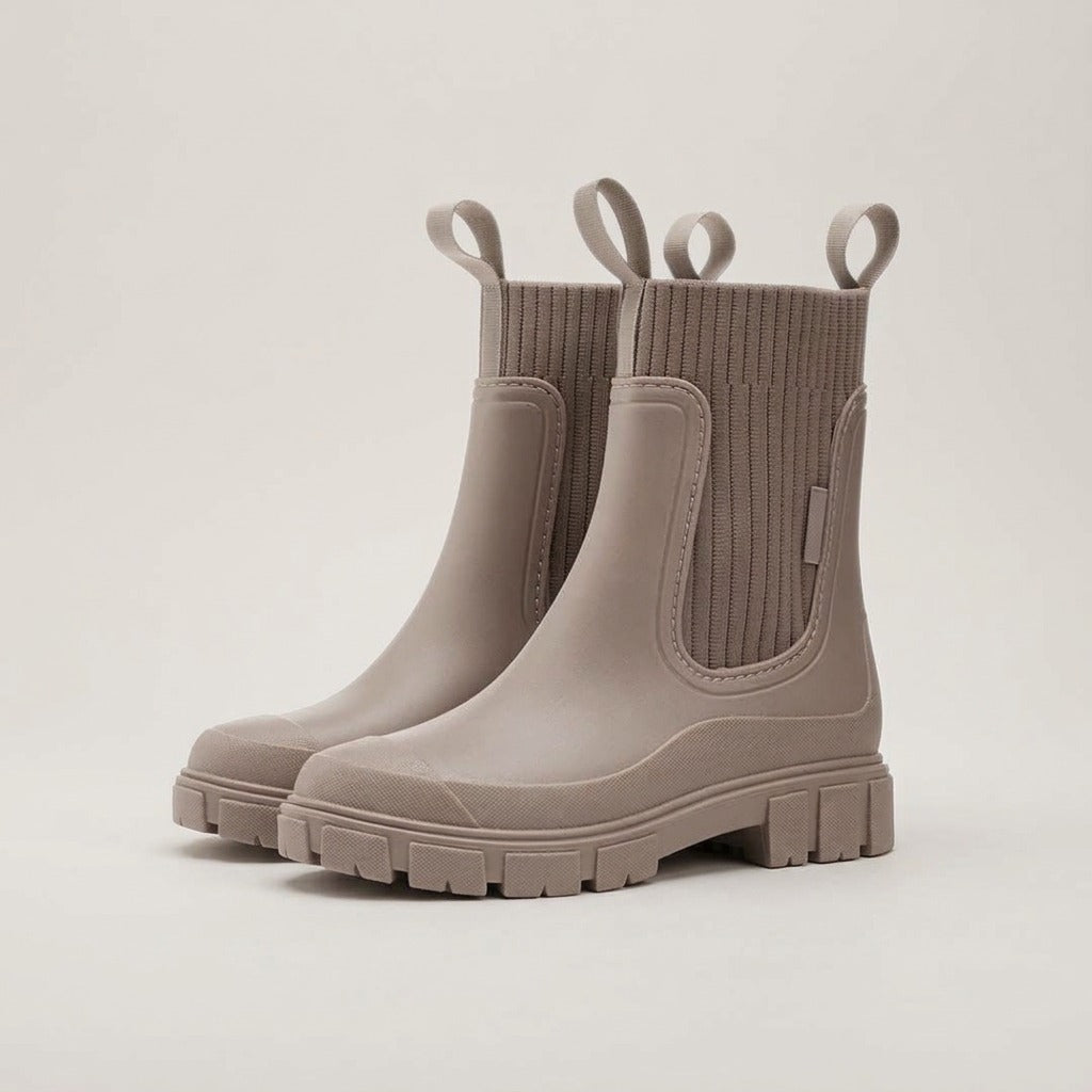 Clover taupe matte chelsea boots with ribbed knit side panels, pull loops and lug sole, pair