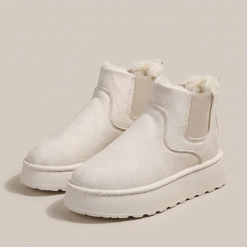 Coral cream slip-on chelsea snow boots with plush collar and thick platform sole, pair