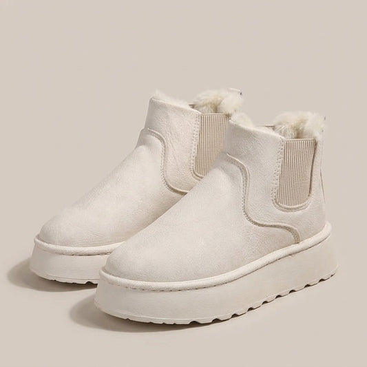 Coral cream slip-on chelsea snow boots with plush collar and thick platform sole, pair