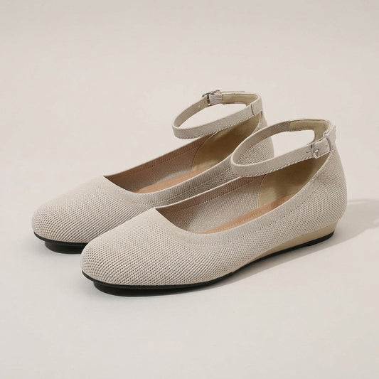Daisy beige knit ballet flats with a thin buckled ankle strap, pair