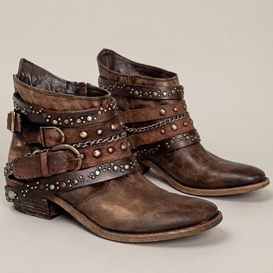 dakota-studded-buckle-strap-ankle-boots-women-s-brown-washed-leather-look-low-heel-booties 1