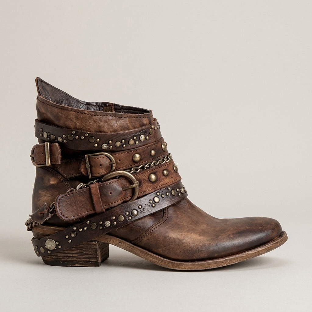 dakota-studded-buckle-strap-ankle-boots-women-s-brown-washed-leather-look-low-heel-booties 2