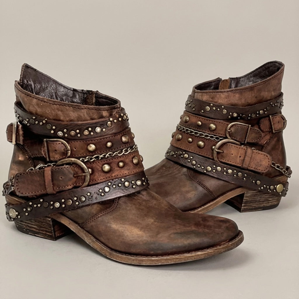 dakota-studded-buckle-strap-ankle-boots-women-s-brown-washed-leather-look-low-heel-booties 3