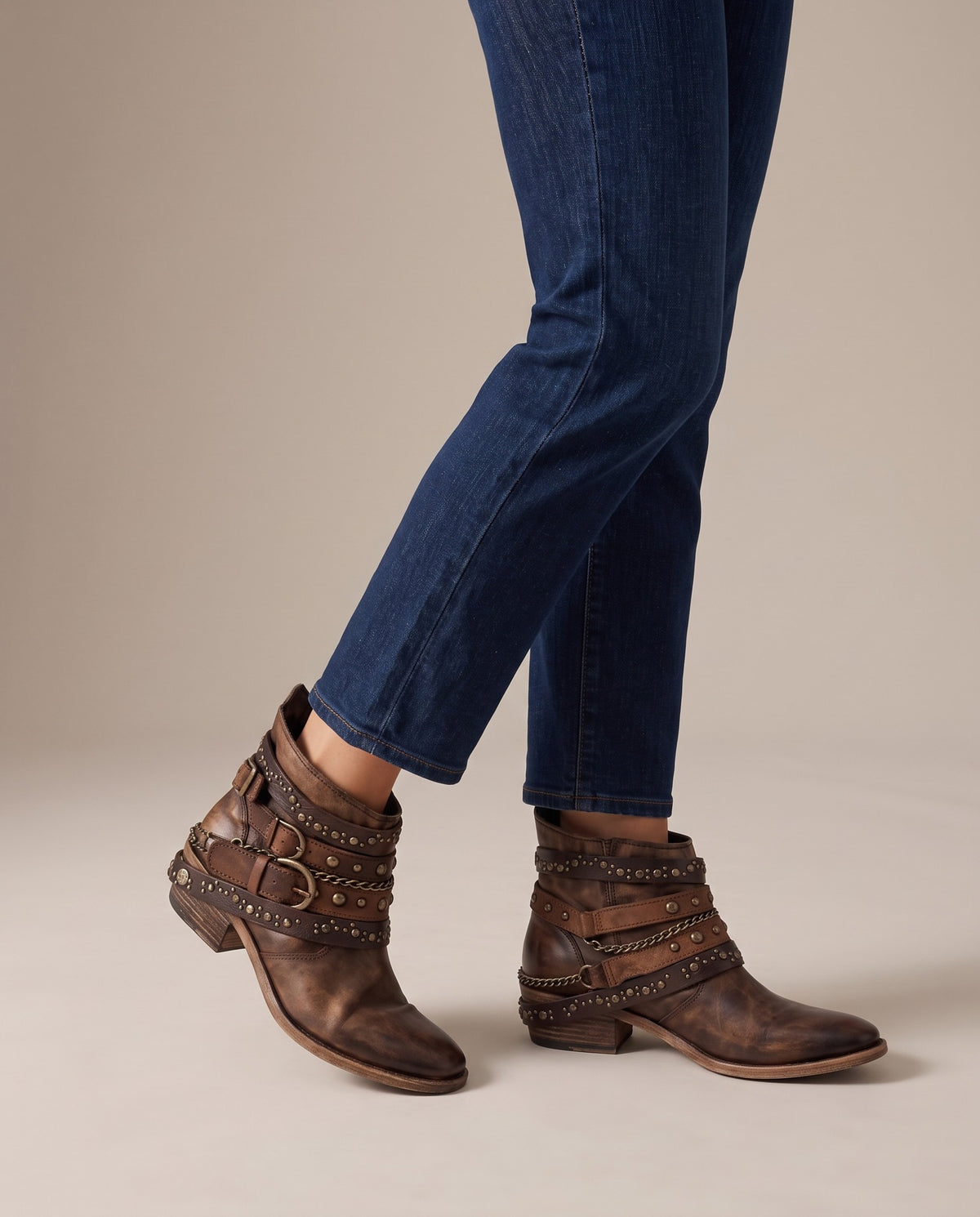 dakota-studded-buckle-strap-ankle-boots-women-s-brown-washed-leather-look-low-heel-booties 5