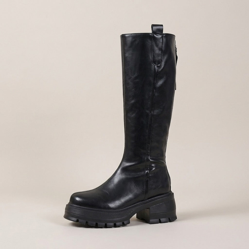 delphine-chunky-lug-sole-knee-high-boots-women-s-black-leather-look-pull-tab-platform-boots 2