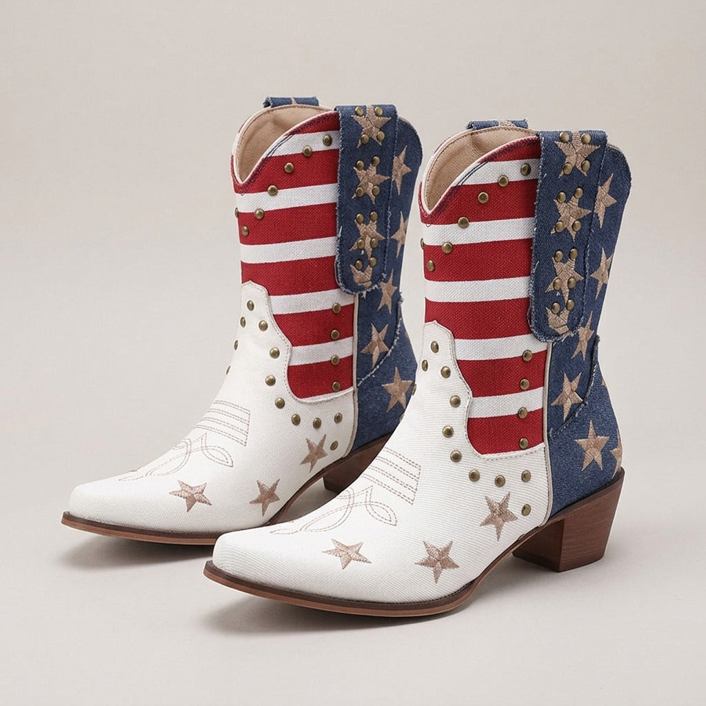 dixie-stars-and-stripes-studded-western-ankle-boots-women-s-red-white-and-blue-cowboy-boots 1