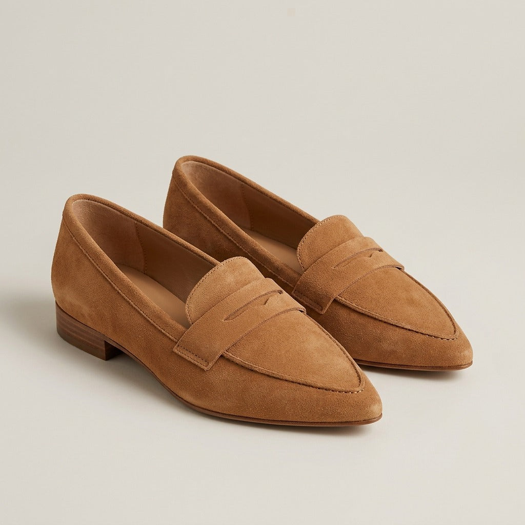 dora-pointed-toe-suede-look-penny-loafers-women-s-tan-low-heel-loafers 1