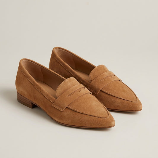 dora-pointed-toe-suede-look-penny-loafers-women-s-tan-low-heel-loafers 1