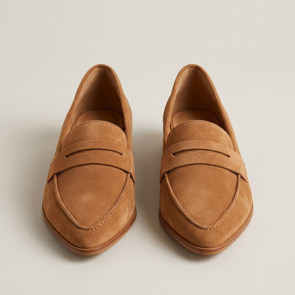 dora-pointed-toe-suede-look-penny-loafers-women-s-tan-low-heel-loafers 3